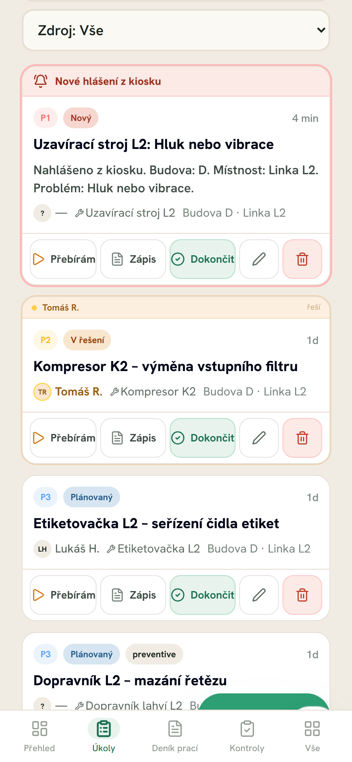 Úkoly: nové hlášení z kiosku s prioritou P1