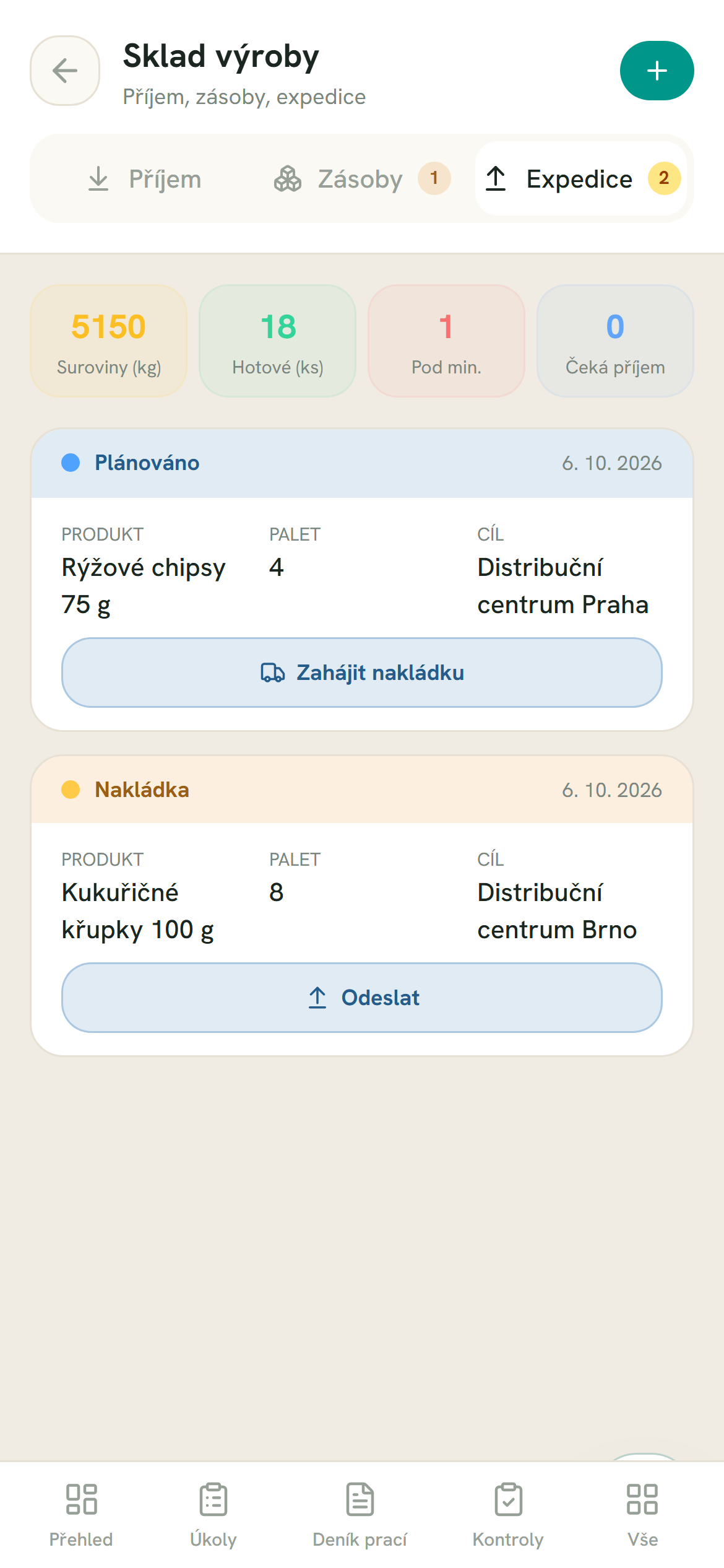 Sklad výroby: expedice palet