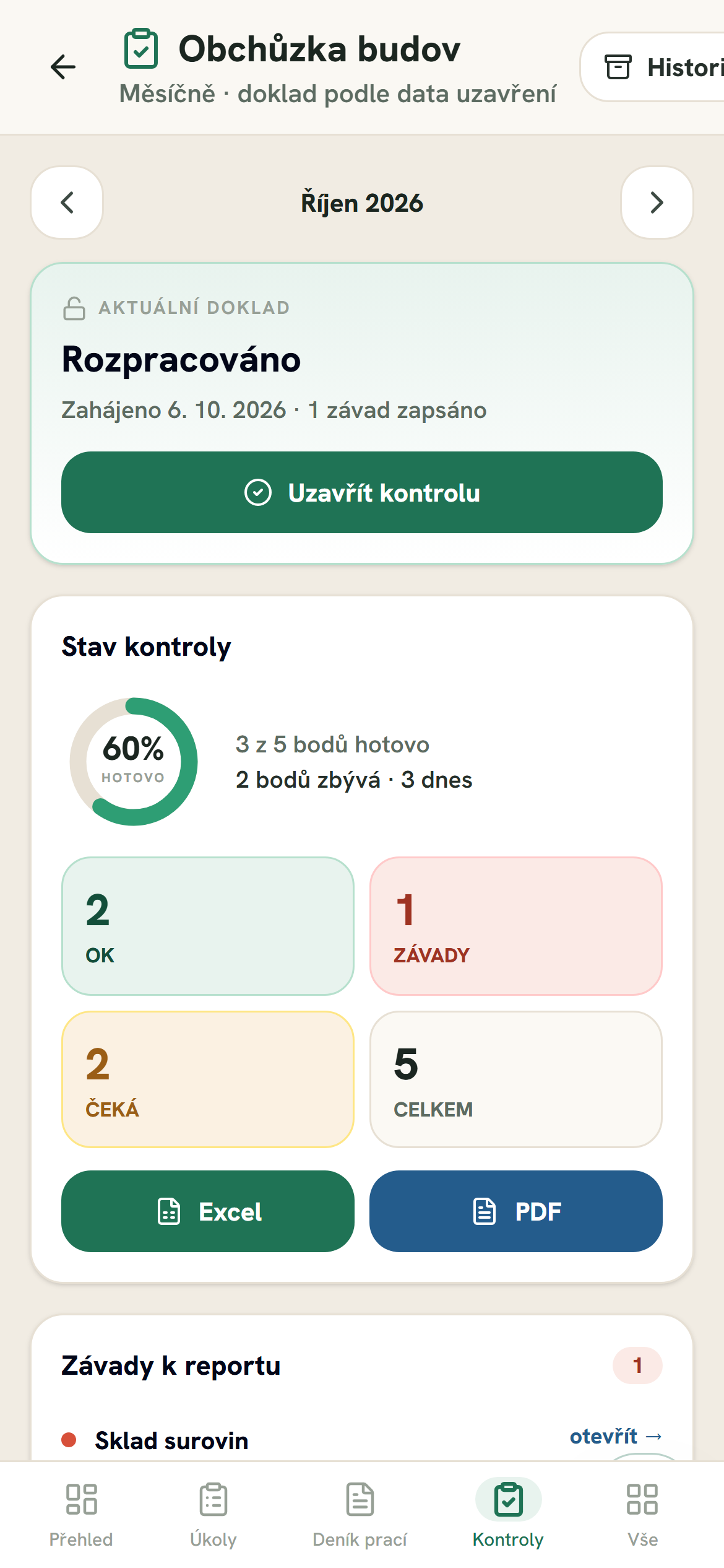 Kontroly: rozpracovaná obchůzka budov, body OK a závady, export do Excelu a PDF