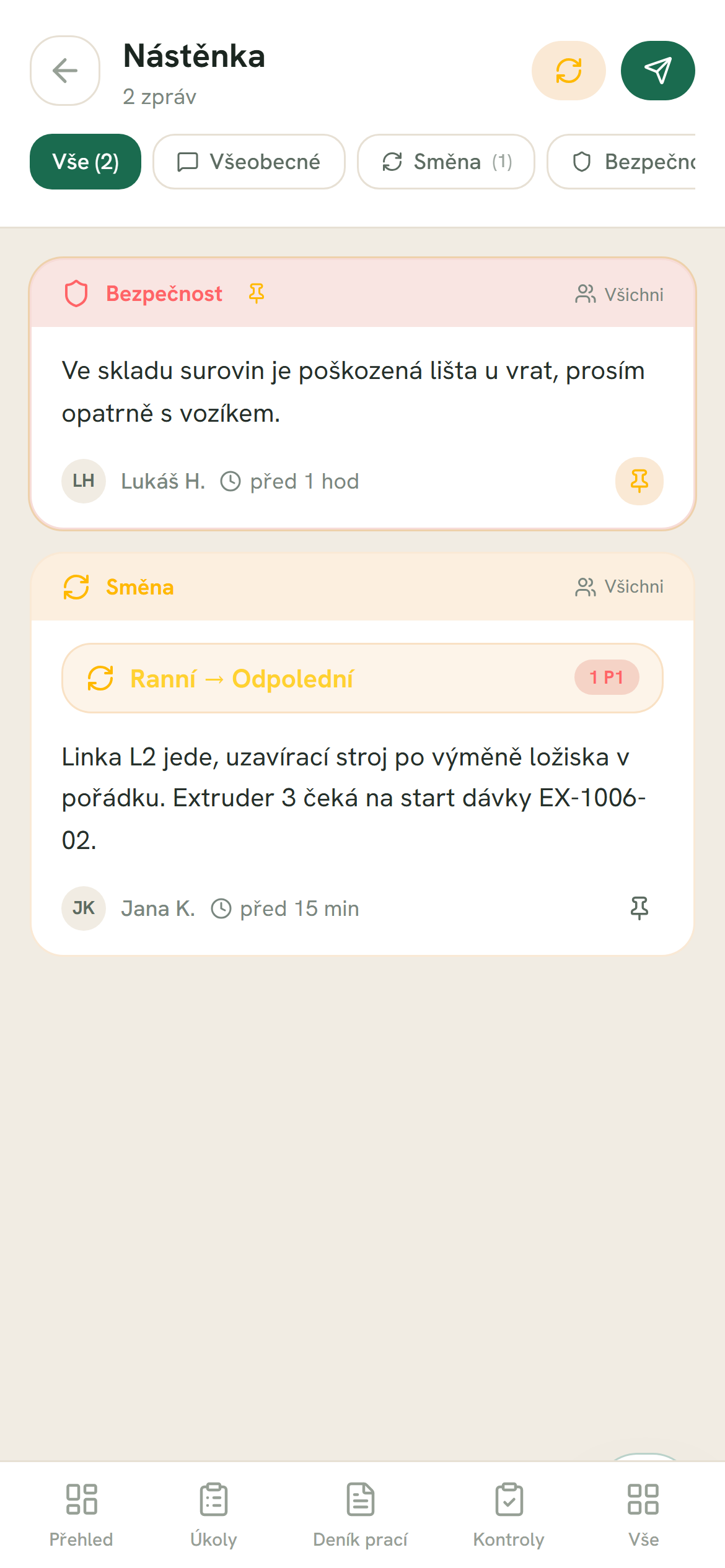 Nástěnka: předání směny z ranní na odpolední