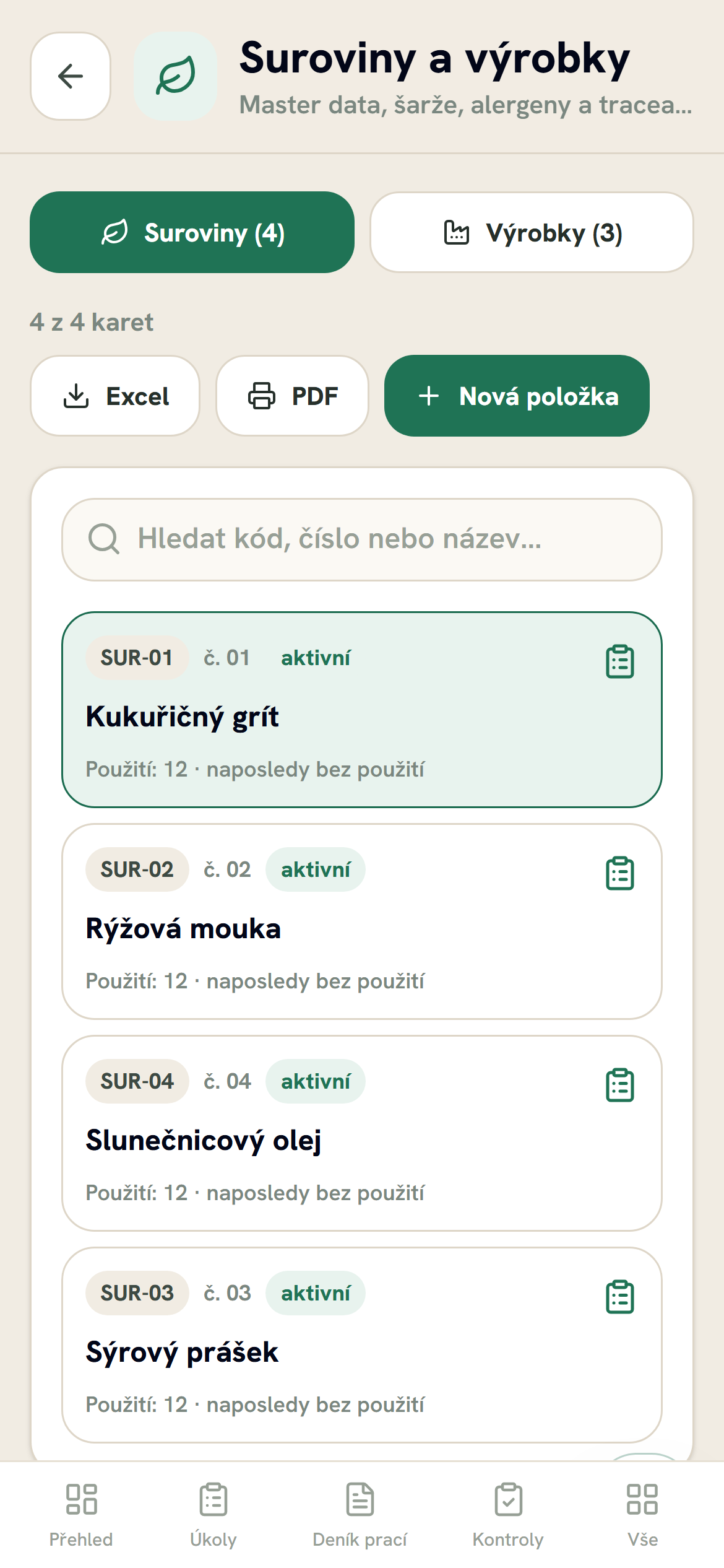 Suroviny a výrobky: karty surovin