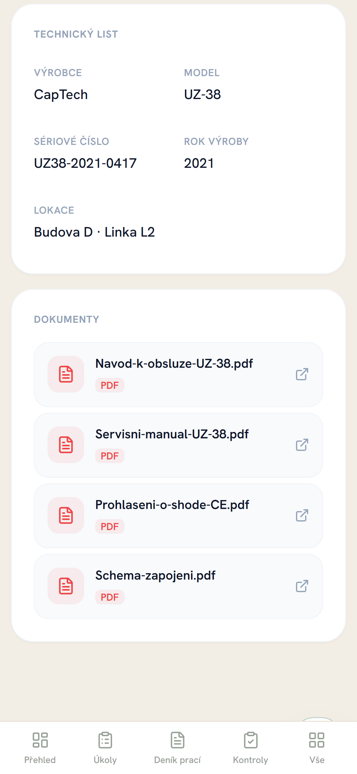 Karta zařízení: dokumenty ve formátu PDF