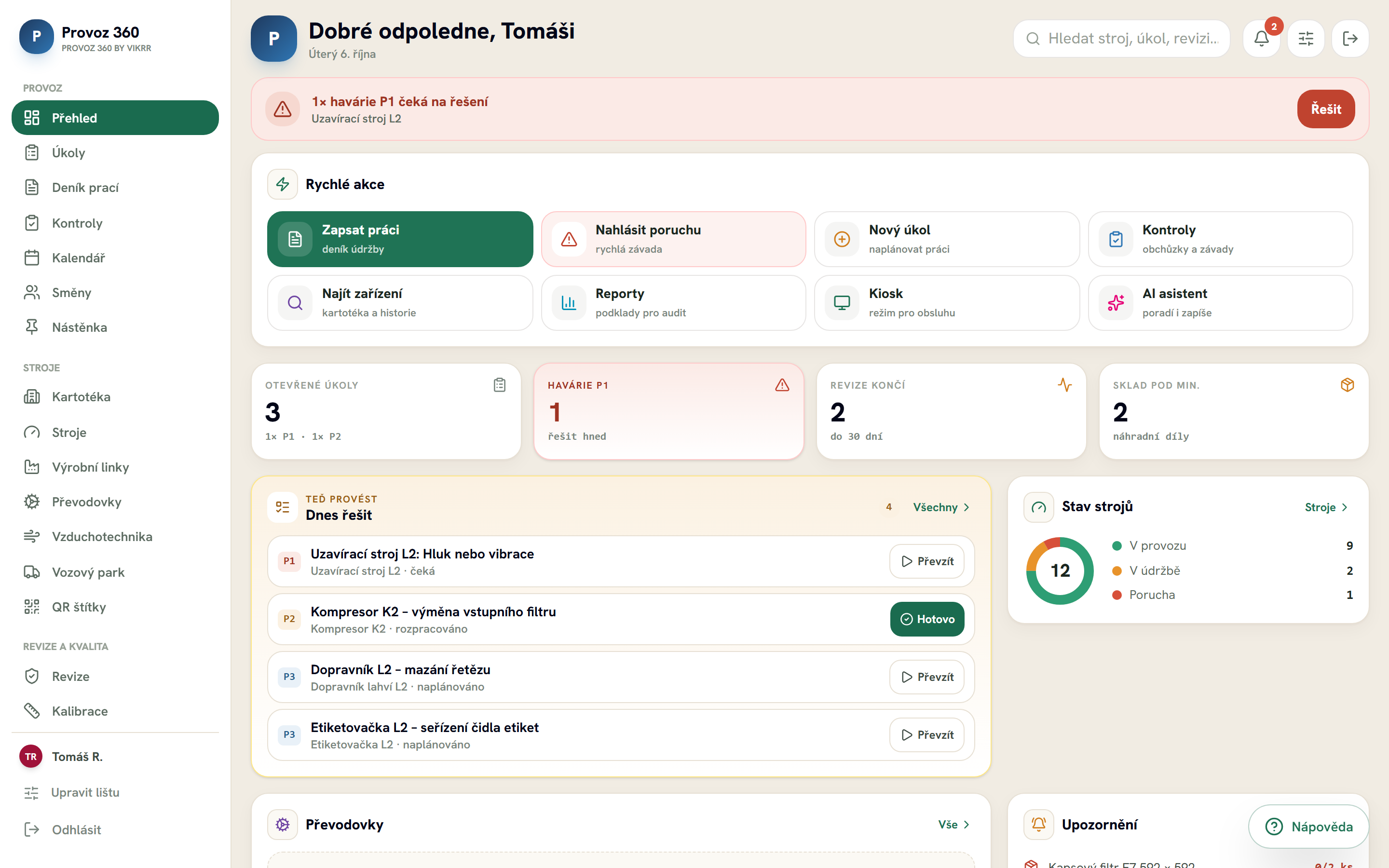 Přehled aplikace Provoz 360 se smyšlenými daty
